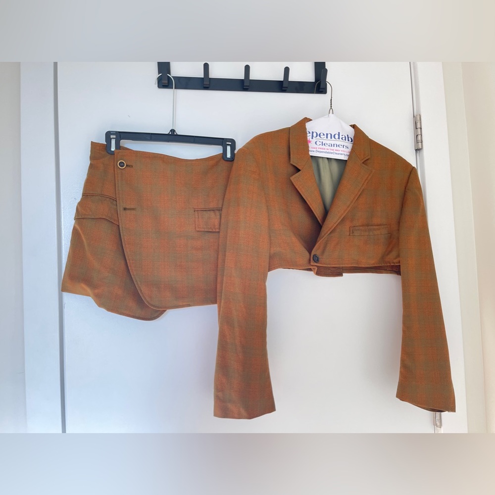 Brand New Havre Studio Wool Pumpkin Brown Orange Skirt Set with Checks